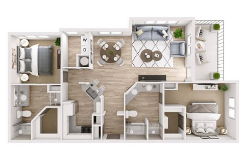 Floor plan for 2 beds, 2 baths, 1329 sqft